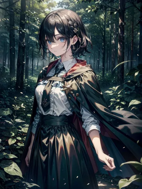 whole body, dark forest, hogwarts teacher, necktie, cloak, skirt, floresta Negra, absurdres, RAW photo, extremely delicate and beautiful, masterpiece, Best Quality, ultra high resolution, 32k, hyperrealistic, ultra-detailed, detailed description, pale skin...