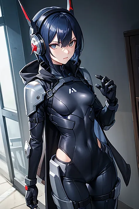 Dark blue hair，short hair，neutral，boyish，Hiding one eye，slender，Rin々A funny face，Powered Suit，Reinforced Suit，Black suit，mechanical，Science fiction，Black sleeveless coat，With a sword，headgear，Headphones，Small breasts，Small breasts，Flat Chest，tall，Slightly ...