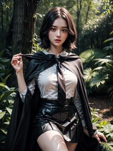 whole body, dark forest, hogwarts teacher, necktie, cloak, skirt, floresta Negra, absurdres, RAW photo, extremely delicate and beautiful, masterpiece, Best Quality, ultra high resolution, 32k, hyperrealistic, ultra-detailed, detailed description, pale skin...