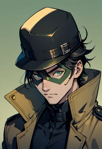 Concept ART, super Hero mask , Human Male Young ager , manga Style  ,Coat , hat , Black hair , Green pupils 