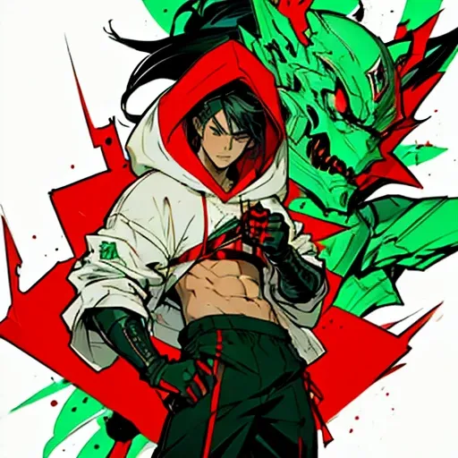 (manga style,concept art),young man with black hair,hoodie down,green pupils,red boxing gloves