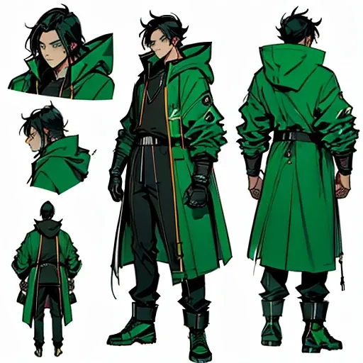 (manga style,concept art),young man with black hair,hooded coat down,green pupils, boxing gloves