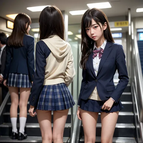 ((highest quality)), ((masterpiece)), (familiar),  a high school girl riding an escalator on her way to school、glare、navy blazer...