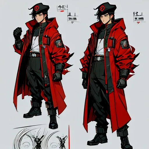 (manga style,concept art),young man with black hair,hooded coat down,pupils,red boxing gloves ,soldier hat