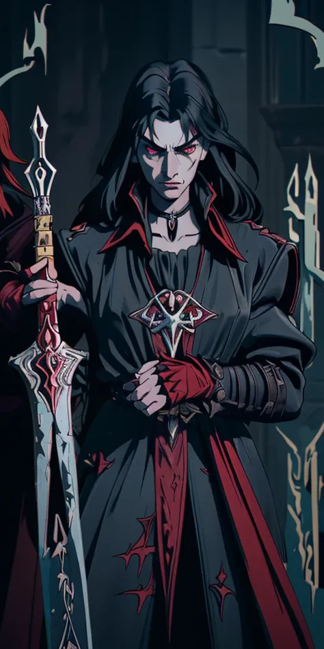 Develop an image depicting Alucard, the protagonist of Castlevania: Symphony of the Night, in a lateralized pose, showcasing his entire body. The image should convey the characters dark duality, inviting the viewer to delve into his mind and experiences. A...