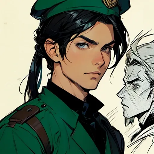 (manga style,concept art),young man with black hair ,soldier hat