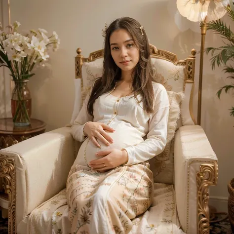 (pregnant woman, elegant, sitting on a comfortable armchair), (beautiful detailed eyes, gentle smile, motherly expression), (lon...