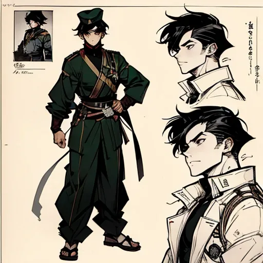 ((manga style,concept art)),young man with short black hair ,Soldier hat 