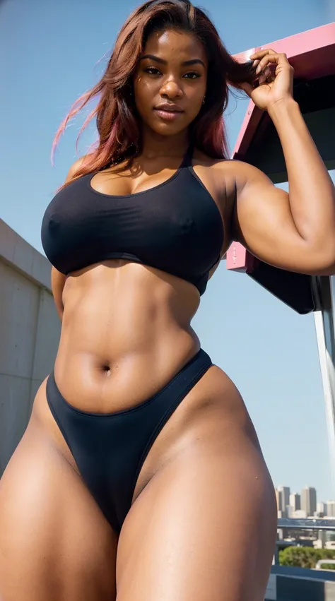 Stunning 16k UHD image of a curvy_athletic 19yo ebony gorgeous chic with a massive neckline and voluptuous bodybuilders physique, posing in a stylish pink one_piece that accentuates her toned muscles and voluptuous figure, magazine shooting , hyper realist...