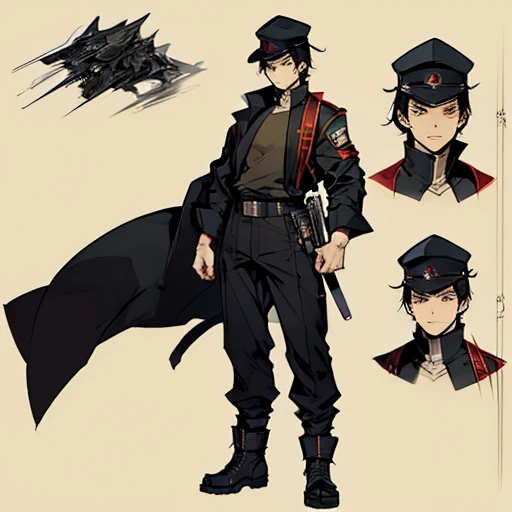 ((manga style,concept art)),young man with short black hair ,Soldier hat , Full body, cool faces