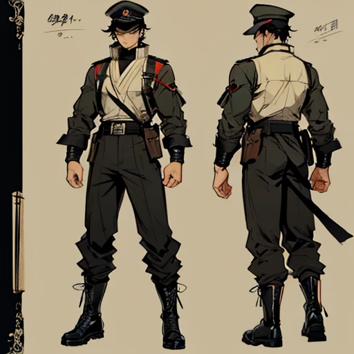 ((manga style,concept art)),young man with short black hair ,Soldier hat , Full body, cool faces