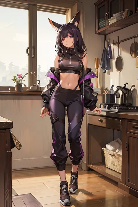 FFXIV Miqote with a lithe body, black hair, beautiful face, small breasts and tanned brown skin, wearing a light purple crop top and a crop hoodie and light purple low cut trackpants 