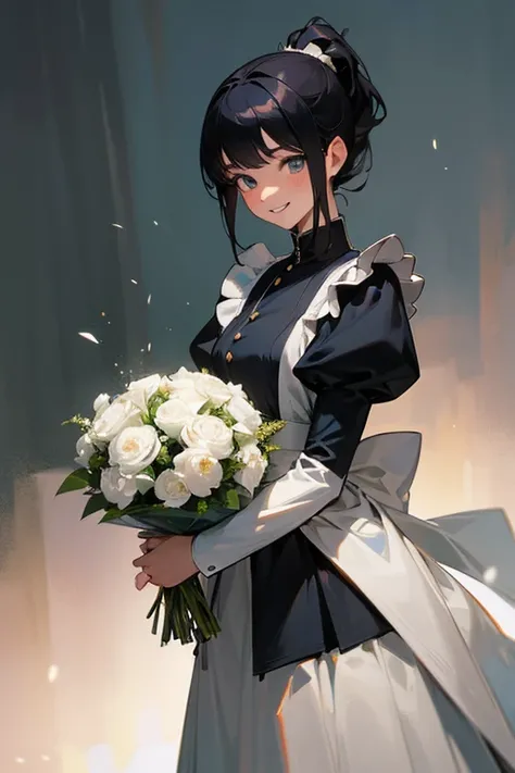 (Highest Resolution, clear_image) highest quality, Single person, One Woman, alone, masterpiece, Very detailed, Semi-realistic, Black Hairのショートヘア, Black Hair, bangs, 18-year-old, mature, light blue uniform, uniform, Indoor Background, kind, Authoritative, ...