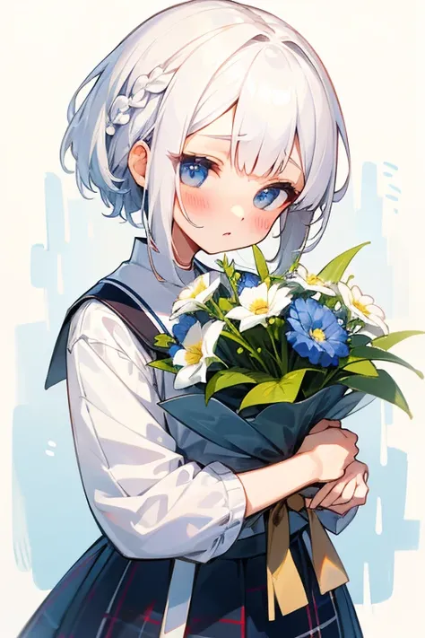 Short white hair, blush, Navy and white checked outfit、Braiding、Bouquet in hand、color々なcolorの花、