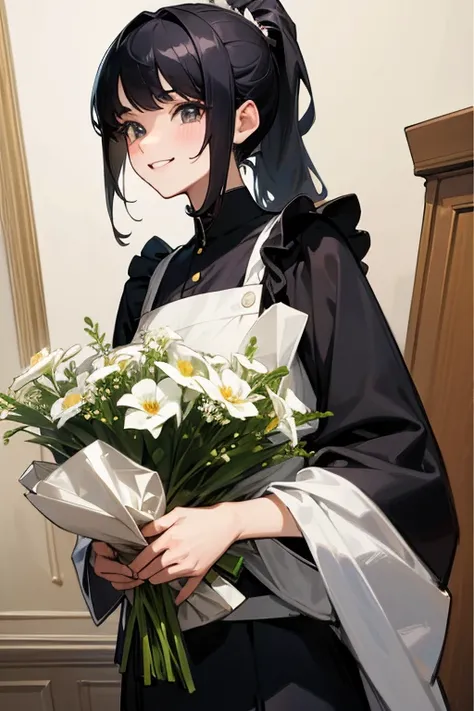 (Highest Resolution, clear_image) highest quality, Single person, One Woman, alone, masterpiece, Very detailed, Semi-realistic, Black Hairのショートヘア, Black Hair, bangs, 18-year-old, mature, light blue uniform, uniform, Indoor Background, kind, Authoritative, ...