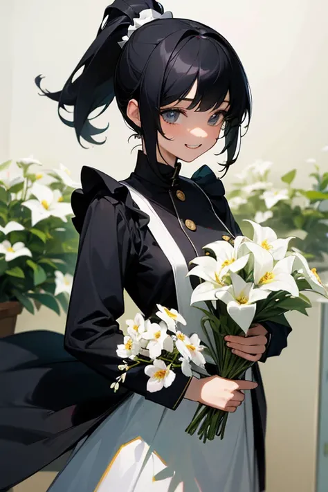 (Highest Resolution, clear_image) highest quality, Single person, One Woman, alone, masterpiece, Very detailed, Semi-realistic, Black Hairのショートヘア, Black Hair, bangs, 18-year-old, mature, light blue uniform, uniform, Indoor Background, kind, Authoritative, ...