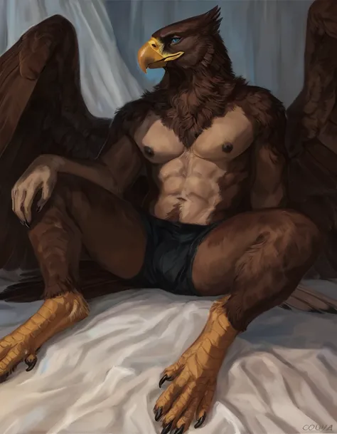 male anthro brown eagle, hi res, masterpiece, absurd res, 2023, extreme detail, lusty face, alluring pose, sexy strong blue eyes, feet, by oouna, spread legs, hand on crotch, tail, detailed feathered body, avian, romantic, dark bedroom, dark nipples, wings...