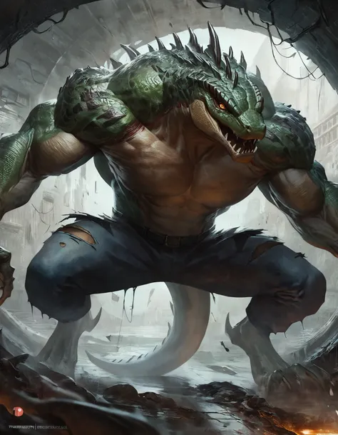 The lizard from spiderman, muscular, sewer, torn pants, torn lab coat, spiked back, ferocious, concept art, hi res, masterpiece, absurd res, 2023, extreme detail, solo, 