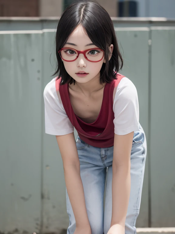 (masterpiece:1.2, highest quality), (Very detailed:1.3), One girl,short hair, Loose fitting T-shirt, Leaning forward, Medium chest,  Long down blouse,Red frame glasses、Young body、Tip of the chest、Primary school students