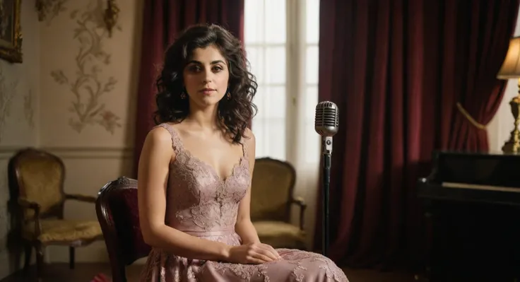 (best quality,highres:1.2),ultra-detailed,realistic:1.37,Katie Melua with a small bust, erect nipples, goosebumps on her skin, sitting in a dimly lit room surrounded by a soft glow. Her long, wavy hair cascades down her shoulders, framing her face. She wea...