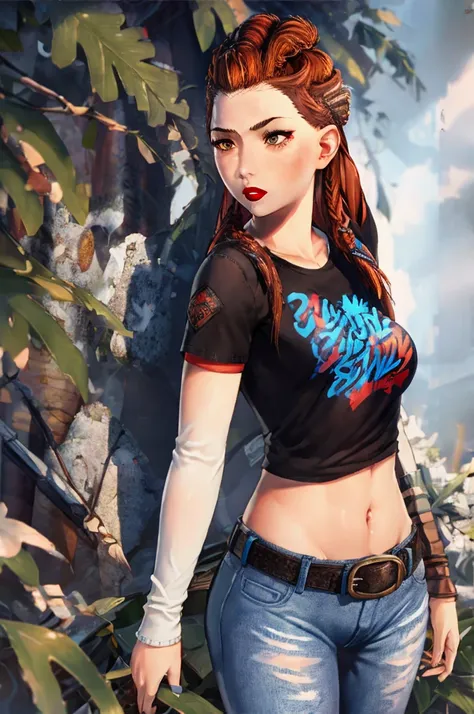 aloy , 1girl, solo, standing, black t-shirt, white shirt, blue jeans, belt, lipstick, large breasts, layered sleeves