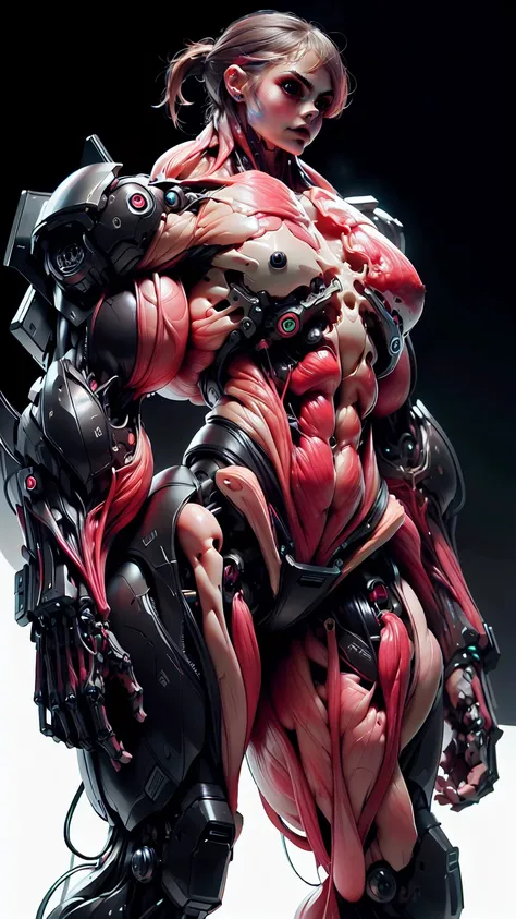 (1 girl), (cara delevingne), (muscular android girl wearing a black anatomic cybernetic muscle suit:1.25), (wide shoulders:1.25), (muscular defined physique:1.25), perfect hands, long hair, large breasts, high resolution image, extreme detail, blank backgr...