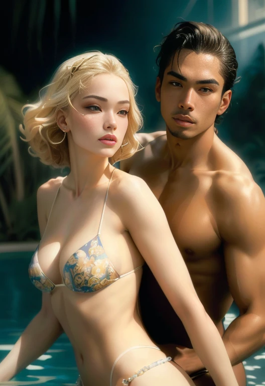 Blonde woman in bikini next to man at pool, Roberto Ferri and Luan Jia, Posing together in bikinis, Inspired by Roberto Ferri, Steven Klein, Fantasy", Fantasy", Very very Roberto Ferri, Sexy Movie Pictures, Push-up underwire. Complex, Gregoire and Manon, B...