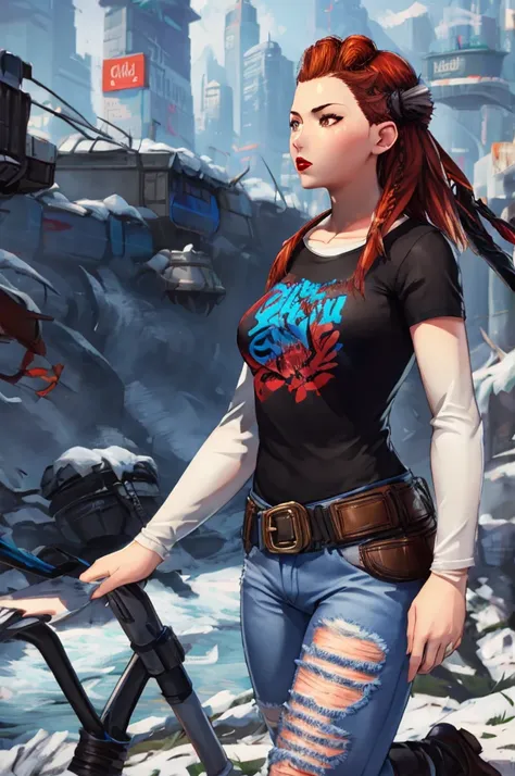 Aloy , 1girl, solo, standing, black t-shirt, white shirt, blue jeans, belt, lipstick, large breasts, layered sleeves, city background, 