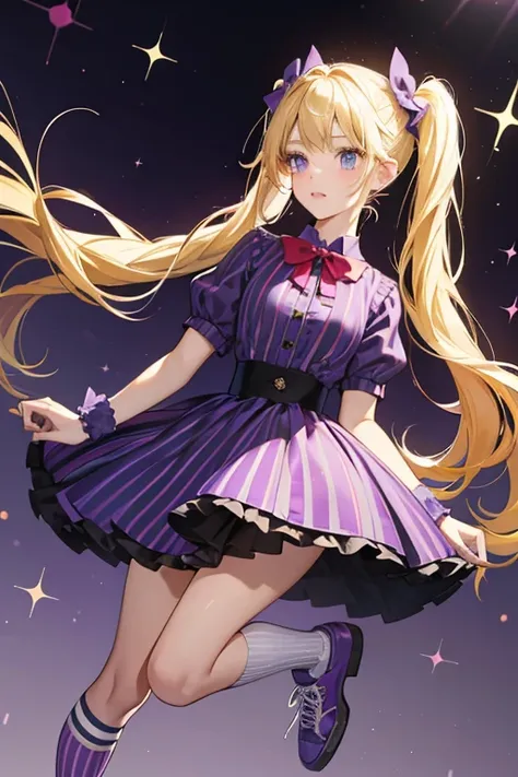 Angelicas blonde hair was put into a pair of pigtails each punctuated with a large purple bow. Her outfit consisted of a red-and-black-striped shirt with flared cuffs, a purple dress, blue tights with green dots, red socks, and purple sneakers on her feet....