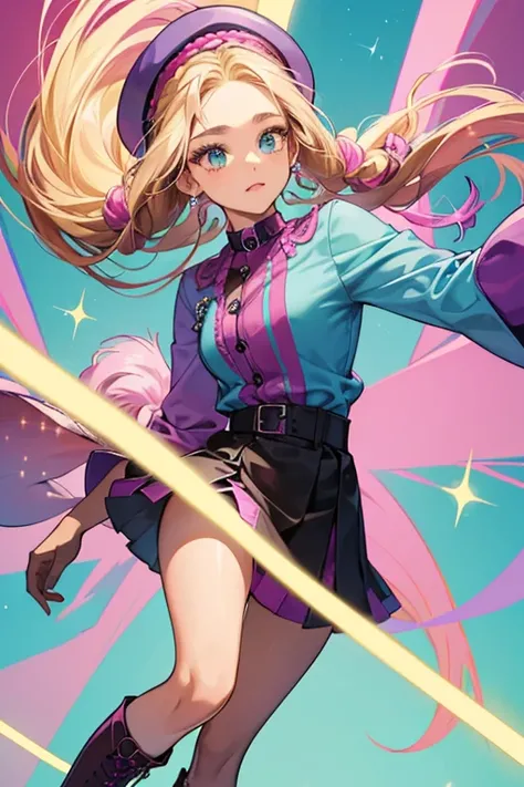 She has brown skin and blonde hair that is braided in a spider-like hairstyle with pink-purple (almost magenta) berets. She wears a teal shirt with a turquoise collar and trimmings and a dark brown skirt with black boots. SPARKLE; GLITTER