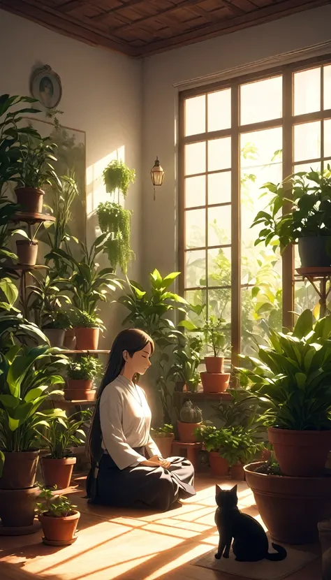 pessoa ocidental meditando cercada de gatos. the setting is the interior of a beautiful room with many potted plants. cinematic ...