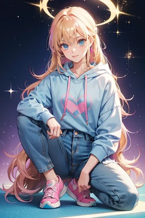 Nikki  wears a light blue hoodie, dark blue knee-length jeans, pink shoes, and has blonde hair that covers part of her right eye.  SPARKLE; GLITTER