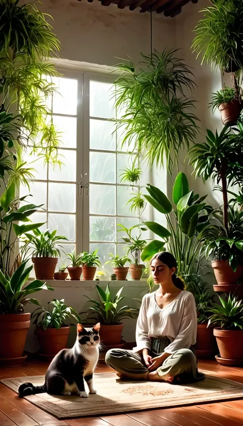 pessoa ocidental meditando cercada de gatos. the setting is the interior of a beautiful room with many potted plants. cinematic ...