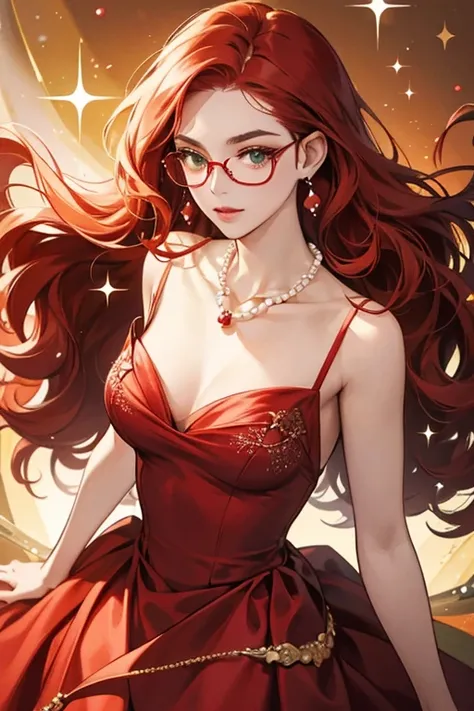 Her most prevalent features are her wavy red hair and green round-frame eyeglasses. wearing a long red dress and a pearl necklace. SPARKLE; GLITTER