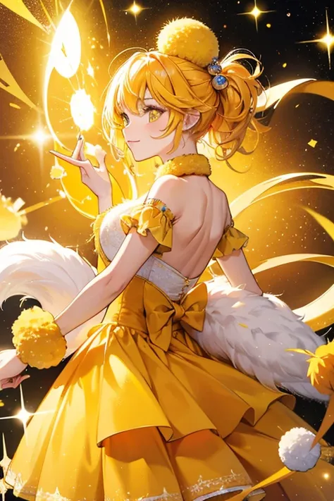 yellow with an orange  eyelids and tail ending with a yellow pompom SPARKLE; GLITTER