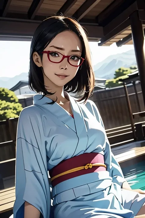 (masterpiece, highest quality), One Girl,  Satou, Satou, Glasses, yukata, Satou, Glasses, 赤いフレームのGlasses, Onsen town in Japan:1.5,Head to waist,yukata:1.6,hot spring,Dogo Onsen,Kusatsu Hot Springs,