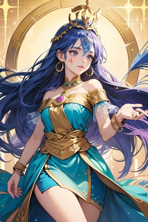 Punguari has longer hair and blue face paint around her eyes and on her chin. She wears a crown on her head, crescent-shaped earrings, gold wristbands, a short lilac top with round shoulders and indigo skirts, and a long dress. PARKLE; GLITTER