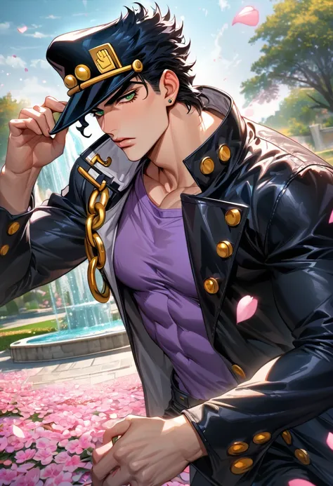 absurdres, highres, ultra detailed, HDR, master piece, best quality, Jotaro Kujo, black hair, expressive green eyes, black hat, Jojo bizarre adventure, solo, sexy man, handsome, black leather coat, purple shirt, pink flowers, pink petals, pink butterflies,...