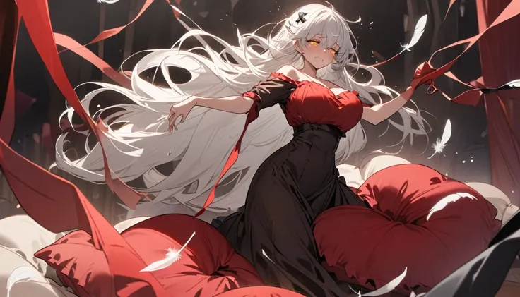 A woman, flowing white hair, melancholy eyes, yellow pupils, black diamond-shaped hairpin, A woman is cutting up a Tattered super huge red silk cushion with scissors in a dirty way. Tiny feathers are dancing, crying, Lots of cushions