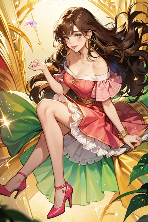 Maria is a natural brunette who has long curly hair. She also has brown skin and freckles. . Her usual outfit is consisted of two golden earrings, red lipstick, lime green top, pink skirt and red heels. SPARKLE; GLITTER