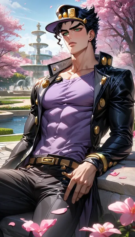 absurdres, highres, ultra detailed, HDR, master piece, best quality, Jotaro Kujo, black hair, expressive green eyes, black hat, Jojo bizarre adventure, solo, sexy man, handsome, black leather coat, purple shirt, pink flowers, pink petals, pink butterflies,...