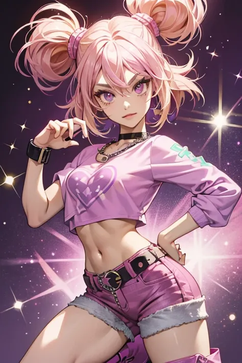 Roxy has light skin and dark violet eyes. She has waist-length purple-pink hair with blonde tips. Her main outfit consists of a hot pink shirt with a pawprint symbol worn over a green crop top, short denim capris with a metal chain belt, and hot pink boots...