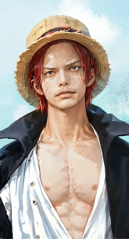 1 person, shanks from the anime one piece, short hair , redhead, red eyes, good looking, black clothes, realistic clothes, cloth...