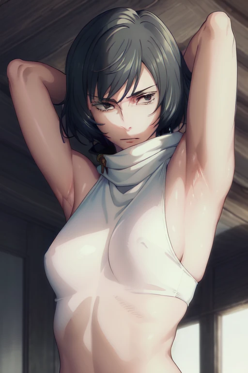 masterpiece, best quality, high quality, absurdres, indoors, Mai, turtleneck, sleeveless, , put your hands behind your head, armpits, armpits visible, sweaty armpits,