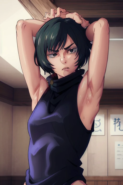 masterpiece, best quality, high quality, absurdres, indoors, Mai, turtleneck, sleeveless, , put your hands behind your head, armpits, armpits visible, sweaty armpits,