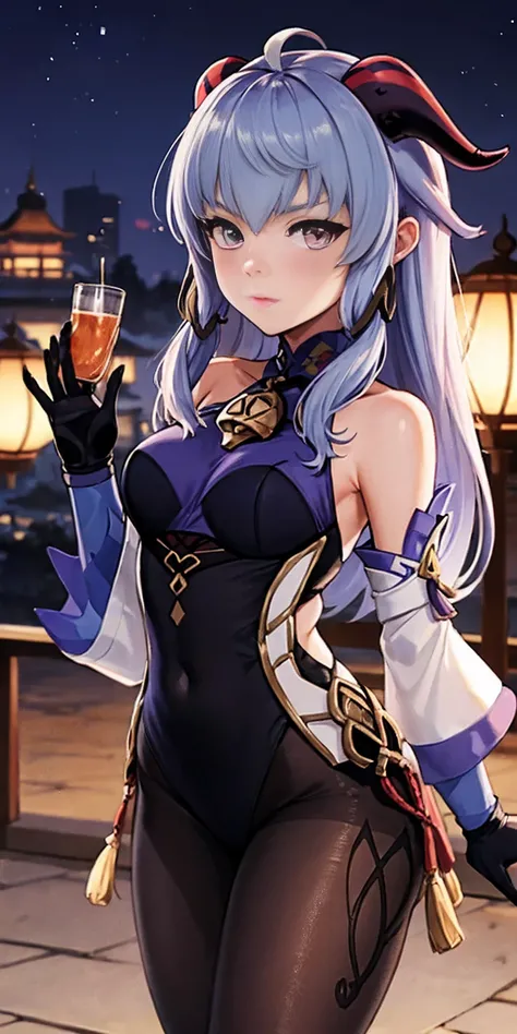 ganyu (genshin impact), 1girl, ahoge, architecture, bangs, bare shoulders, bell, black gloves, black pantyhose, ((blue hair)), blush, breasts, chinese knot, detached sleeves, east asian architecture, flower knot, gloves, horns, long hair, looking at viewer...