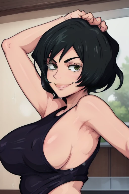 masterpiece, best quality, looking at viewer, upper body, portrait, looking at viewer, seductive smile, put your hands behind your head, armpits, armpits visible, sweaty armpits, mai zenin, very large breasts, short green hair, wearing black tanktop,