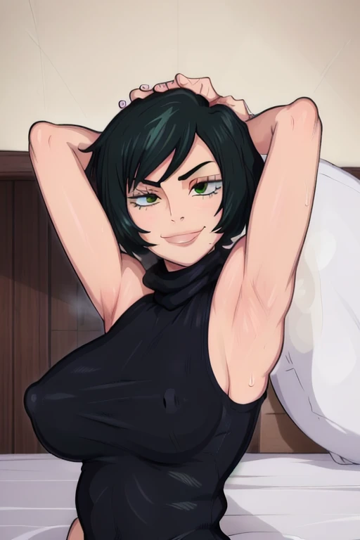 masterpiece, best quality, looking at viewer, upper body, portrait, looking at viewer, seductive smile, put your hands behind your head, armpits, armpits visible, sweaty armpits, mai zenin, very large breasts, short green hair, wearing black tanktop, , tur...