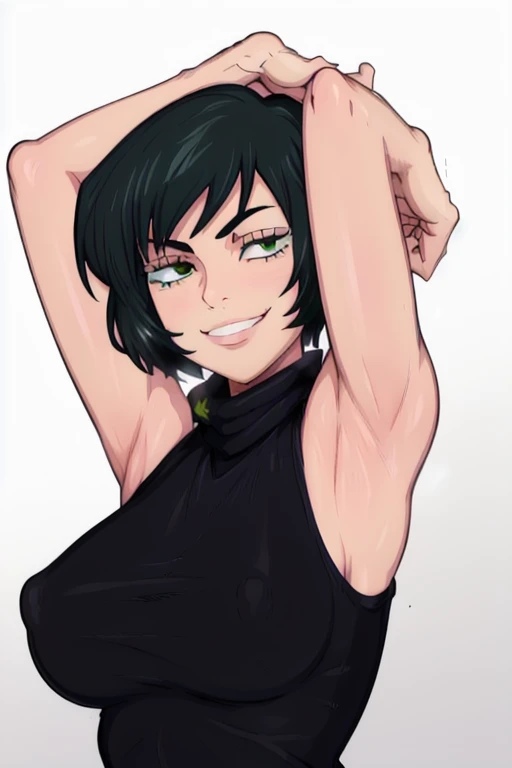 masterpiece, best quality, looking at viewer, upper body, portrait, looking at viewer, seductive smile, put your hands behind your head, armpits, armpits visible, sweaty armpits, mai zenin, very large breasts, short green hair, wearing black tanktop, , tur...