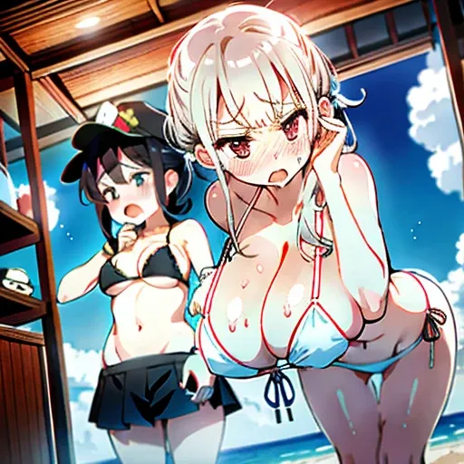 Big Tits、Bikini Swimwear、White Bikini、Troubled face、blush、White Bikini、Overflowing breasts、Huge breasts、Angry face